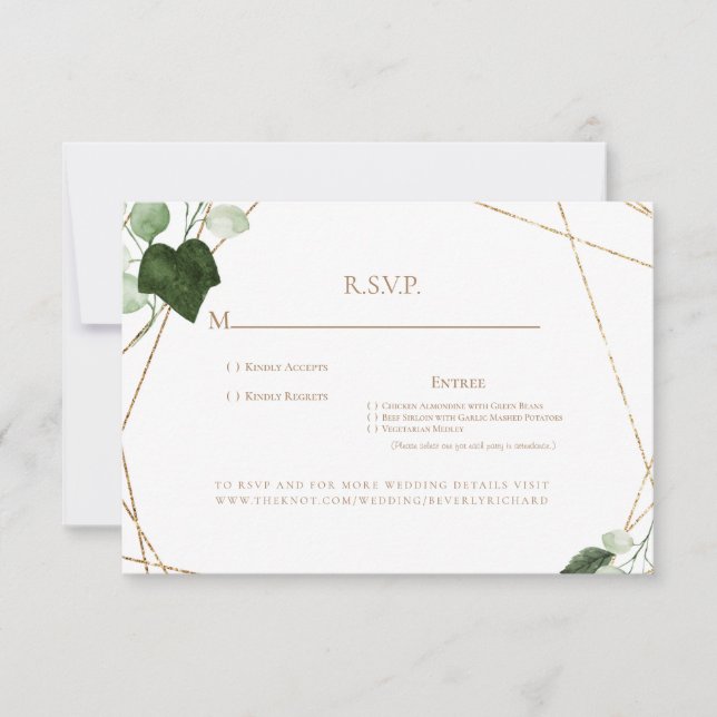 Optionen zum Hochzeitsessen mit Foliage & Gold Mon RSVP Karte (Vorderseite)