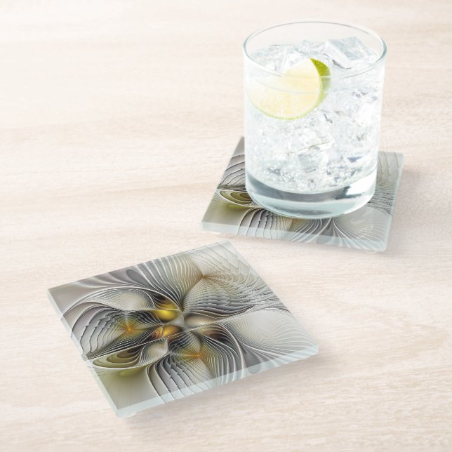 Optische Illusion Abstraktes 3D-Fraktal mit Tiefe Glasuntersetzer (Schrägansicht)