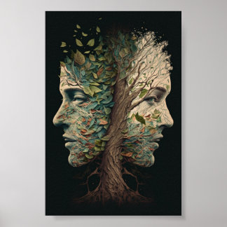 Optische Illusionsbaum sieht sich mit blühenden Bl Poster