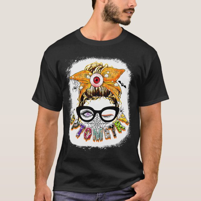 Optometrie Messy Bun Brillen Halloween gebleicht T-Shirt (Vorderseite)