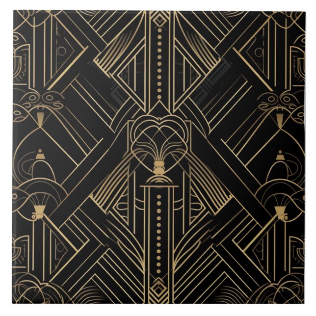 Opulent Art Déco, Black Gold, Geometrisches Design Fliese (Vorderseite)