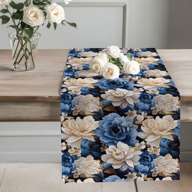 Opulent Blue and Ivory Floral Table Runner Großer Tischläufer (Opulent Blue and Ivory Floral Table Runner)