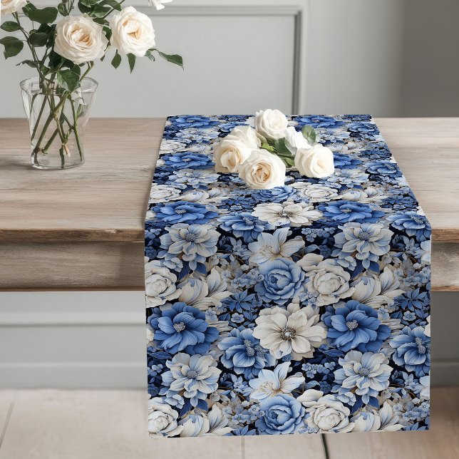 Opulent blue ivory floral elegant dining decor  großer tischläufer (Opulent blue ivory floral elegant dining decor table runner

)