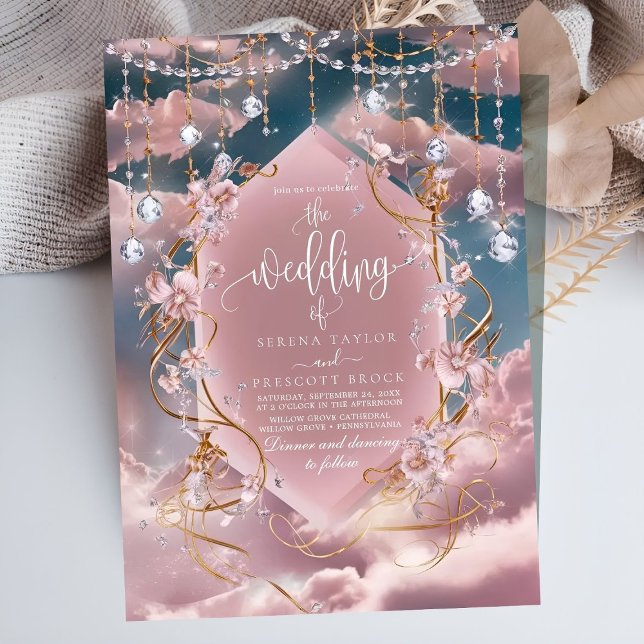 Opulent Blue Pink Clouds Calligrafy Wedding Einladung (Von Creator hochgeladen)