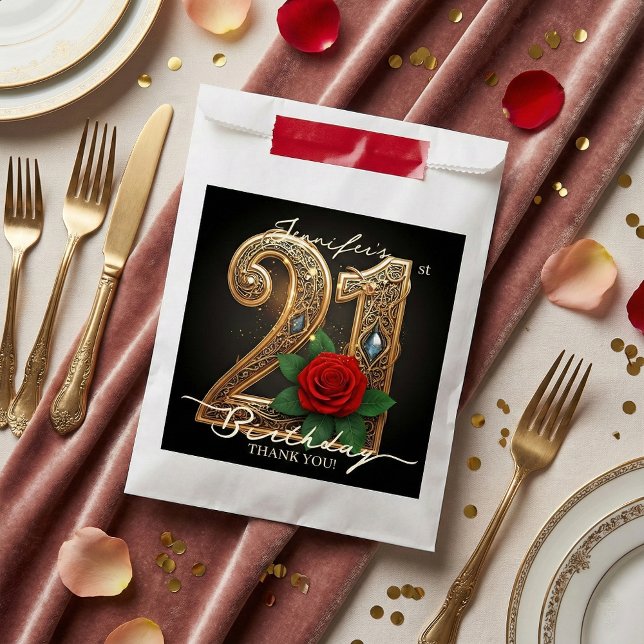 Opulent Chic Gold Filigree Red Rose 21st Birthday Geschenktütchen (Von Creator hochgeladen)