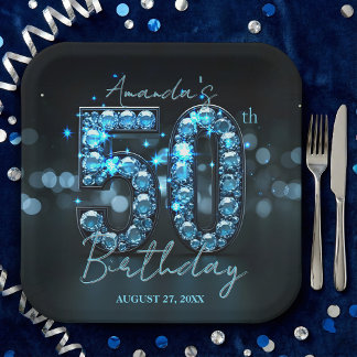 Opulent Elegant Teal Blue Diamonds 50th Birthday Pappteller