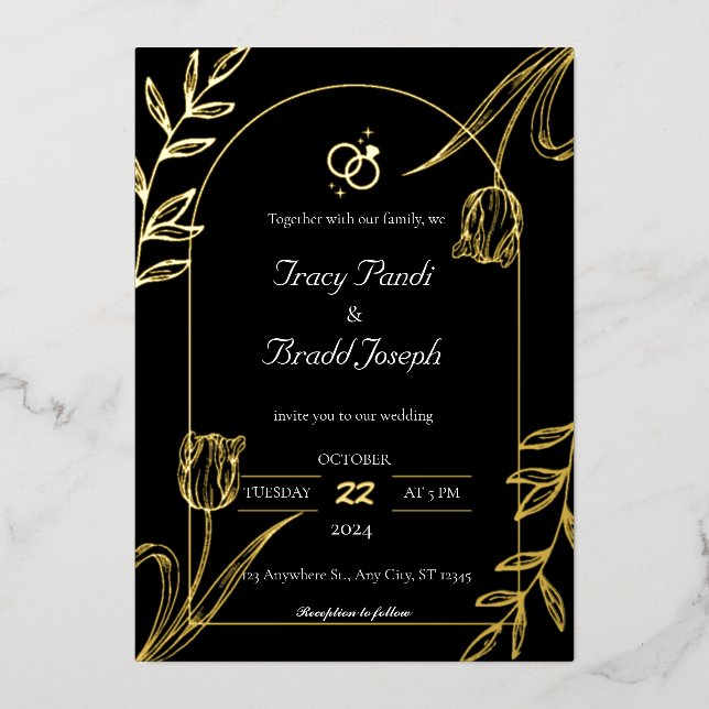 Opulent Elegante: Schwarze und goldene Hochzeit Folieneinladung (Vorderseite)