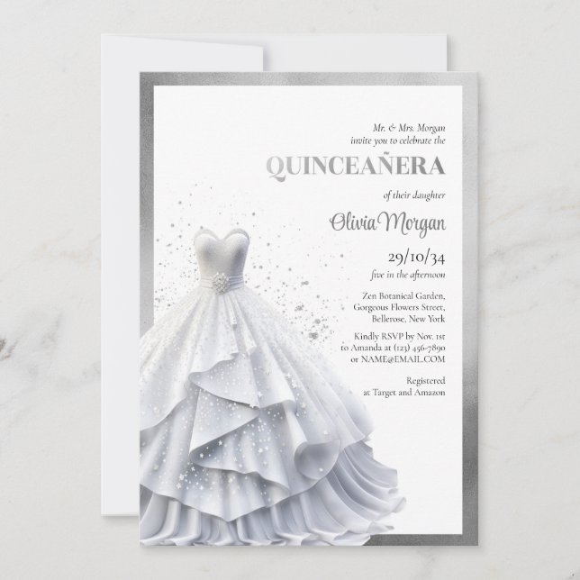 Opulent elegantes Silberkleid Glamour Quinceañera Einladung (Vorderseite)