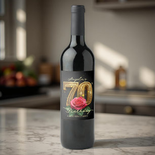 Opulent Glamour Rote Rose Gold 70. Geburtstag Weinetikett