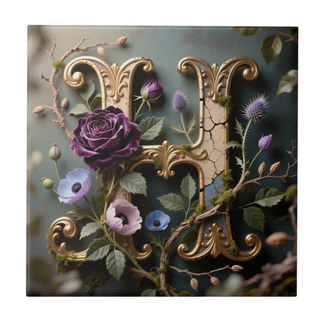 Opulent Gold Floral Letter H Monogram Fliese (Vorderseite)