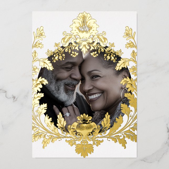 Opulent Gold Motif mit Foto, Hochzeit, Folieneinladung (Vorderseite)