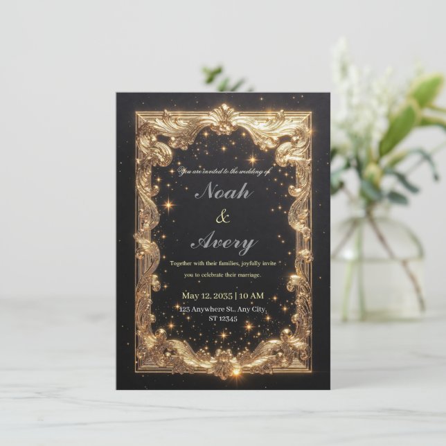 Opulent Matte Black & Gold Foil Wedding Card Desig Einladung (Stehend Vorderseite)
