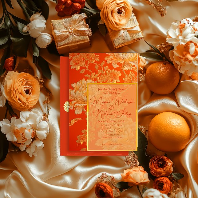 Opulent Orange and Gold Mandarin Floral Wedding Einladung (Elegant Orange Mandarin Floral Wedding Invitation )