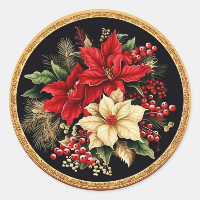 Opulent Red & Green Christmas Botanicals Runder Aufkleber (Vorderseite)