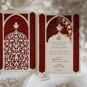 Opulent Ruby and Cream Foil Lace Islamic Wedding Folieneinladung