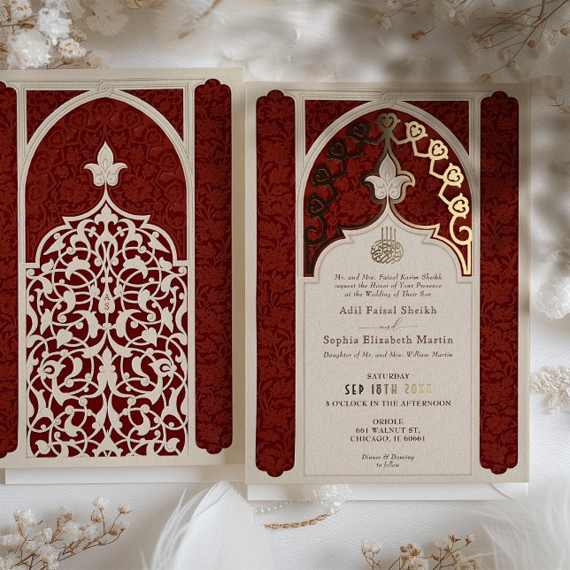 Opulent Ruby and Cream Foil Lace Islamic Wedding Folieneinladung (Von Creator hochgeladen)