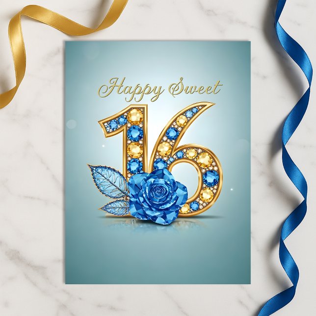 Opulent Sapphire Blue Crystal Rose Gold Sweet 16 Postkarte (Von Creator hochgeladen)