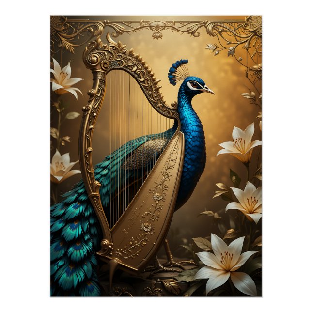 Opulent Serenade: Peacock Harpist Poster (Vorderseite)