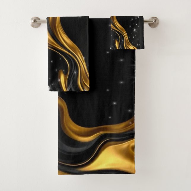 Opulent Swirl Liquid Gold Black Monochro Christian Badhandtuch Set (Insitu)