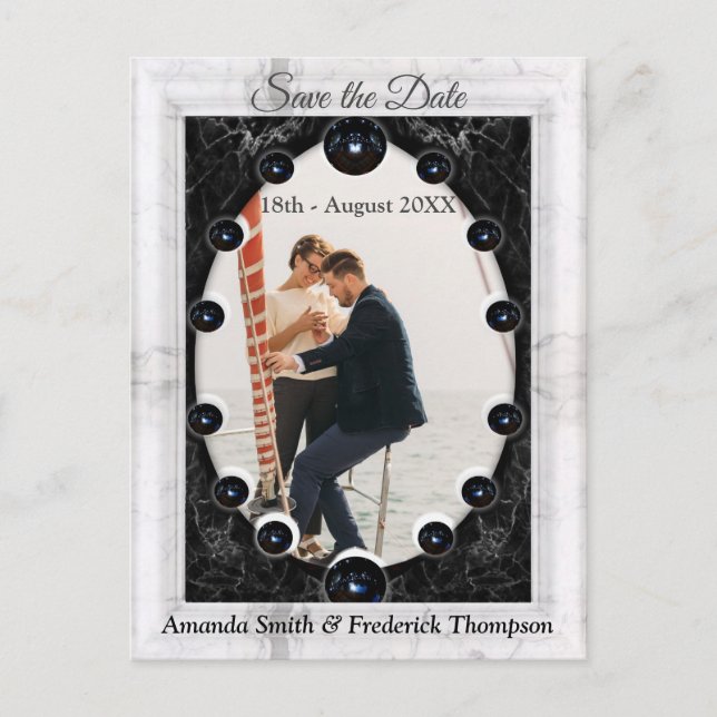 Opulent White & Black Marmor + Spheres Ankündigungspostkarte (Vorderseite)