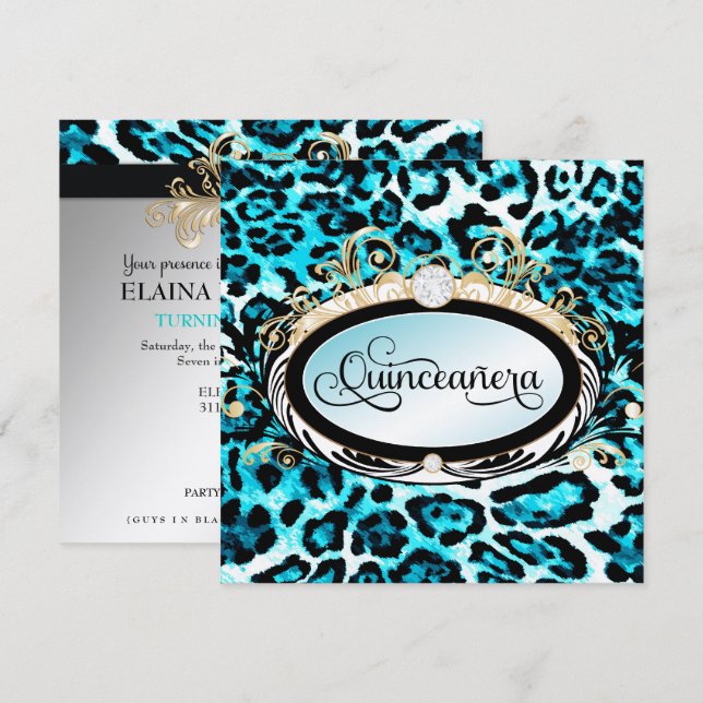 Opulenter Aqua-Leopard-metallisches Papier des Einladung (Vorne/Hinten)