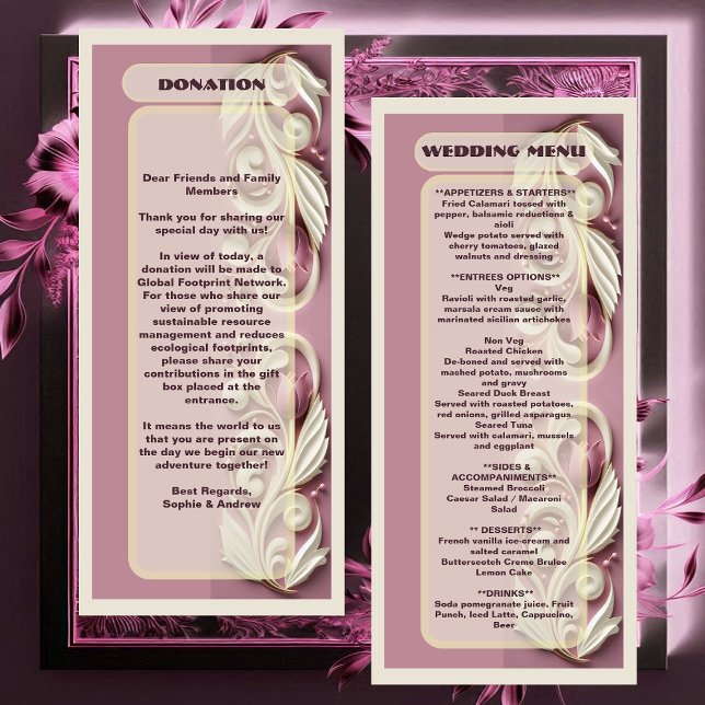 Opulenter Barock Tulip Ivory Swirl Mulberry Weddin Menükarte (Baroque Opulent Tulip Ivory Swirl Mulberry Wedding Menu)