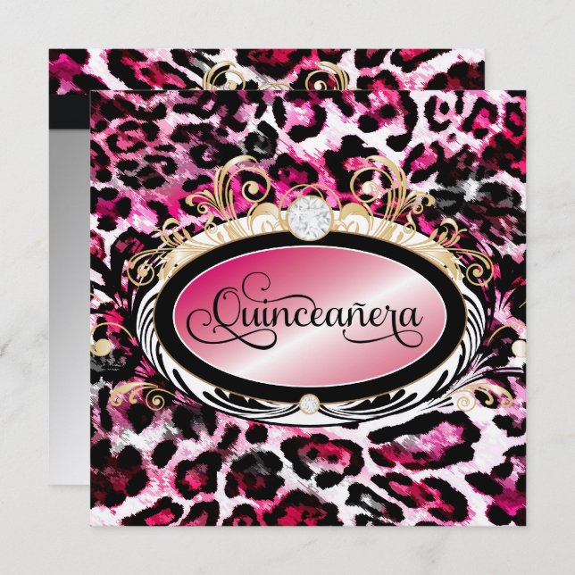 Opulenter roter rosa Leopard-metallisches Papier Einladung (Vorne/Hinten)