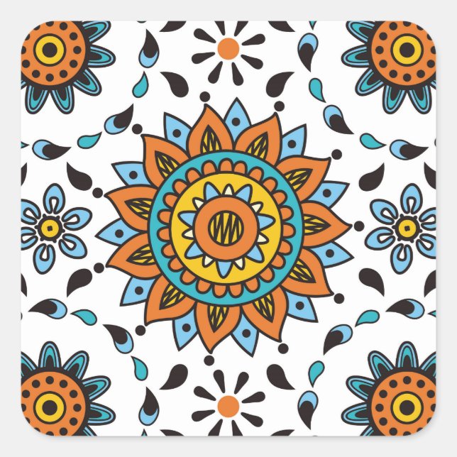 Opulentes Stern-Blumen-Muster Maharadscha-Indien Quadratischer Aufkleber (Vorderseite)