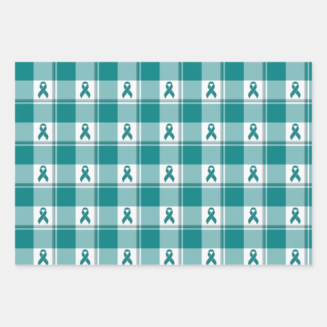 Oral Cancer Awareness Plaid Teal Ribbon Geschenkpapier Set (Vorderseite)