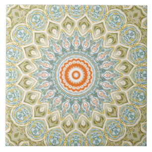 Oranes und Aquamarines Mandala-Muster mit Goldakze Fliese