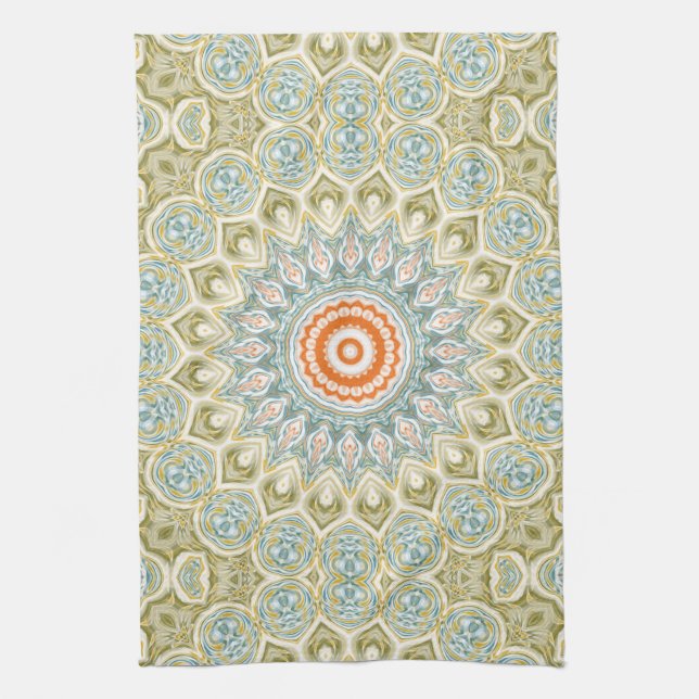 Oranes und Aquamarines Mandala-Muster mit Goldakze Geschirrtuch (Vertikal)