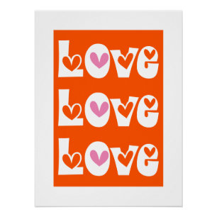 Orang Retro LIEBE Typografie mit rosa Herzen Poster