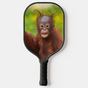 Orang-Utan-Baby kuschelt auf Mama Pickleball Schläger