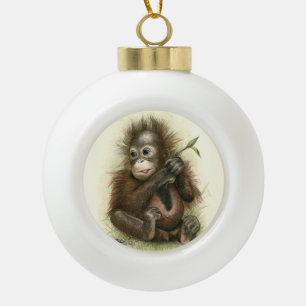Orang-Utan Baby mit Blätter Keramik Kugel-Ornament