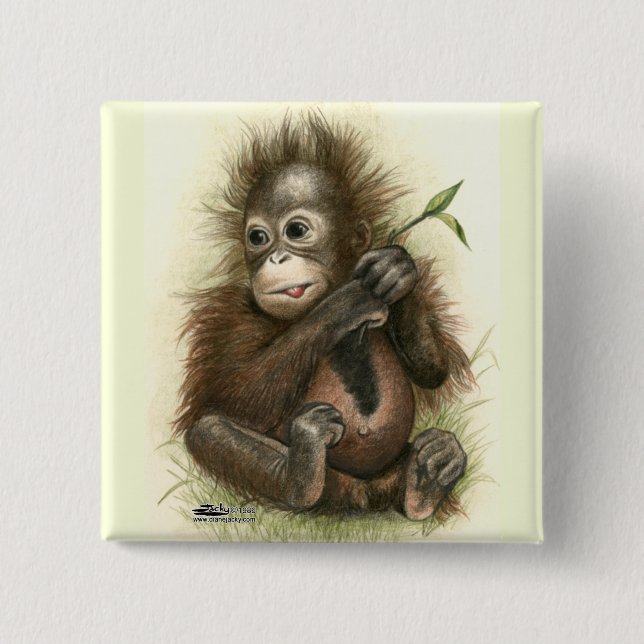Orang-Utan-Baby mit Blättern Button (Vorderseite)