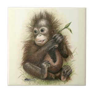 Orang-Utan-Baby mit Blättern Fliese