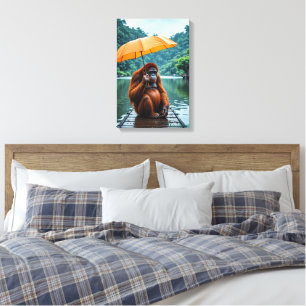 Orang-Utan mit orangefarbenem Regenschirm Leinwanddruck