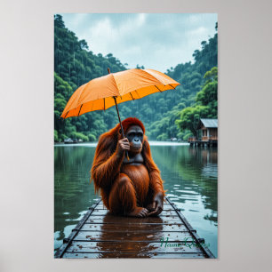 Orang-Utan mit orangefarbenem Regenschirm Poster