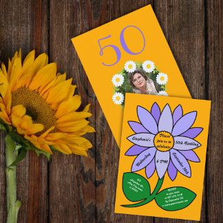 Orange 50. Geburtstag Einfache Lila Sonnenblume Einladung