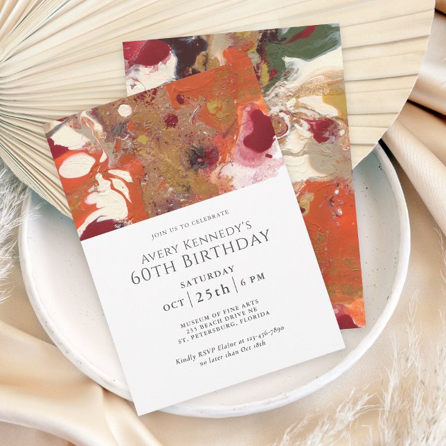 Orange Abstract Boho 60th Birthday Party Einladung (An artful abstract 60th birthday invitation for the modern contemporary.)