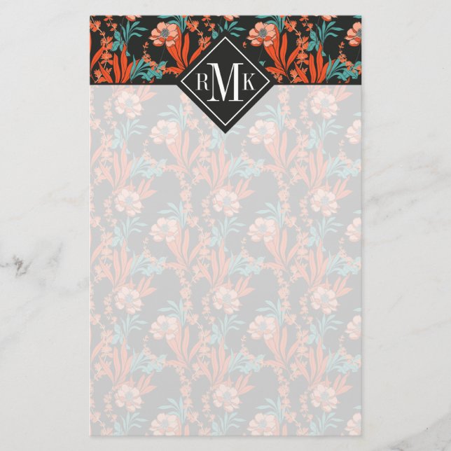 Orange abstraktes Blumenmuster des Monogramm-| Briefpapier (Vorderseite)