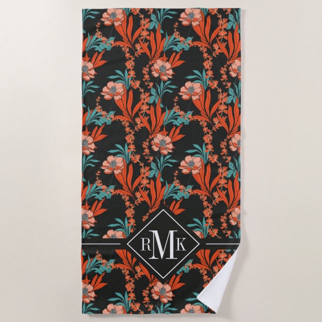 Orange abstraktes Blumenmuster des Monogramm-| Strandtuch (Vorderseite)