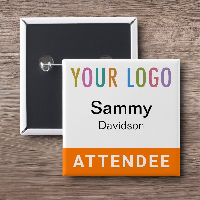 Orange Abzeichen Event Logo Pinback Square Button (MISOOK Square Attendee Name Button with Logo Orange)