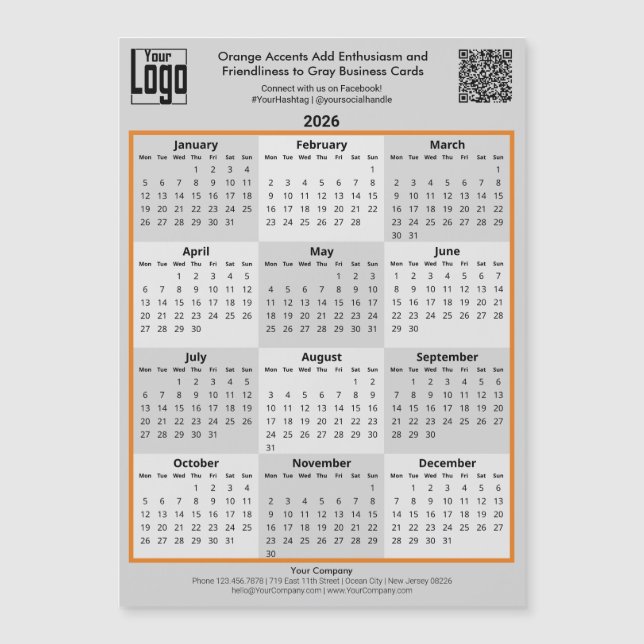 Orange Accents & Logo Gray 2026 Calendar Magnet (Vorderseite)