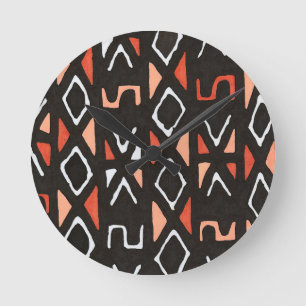 Orange African Mudcloth Tribal Print Runde Wanduhr