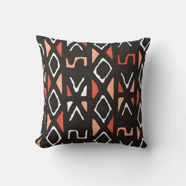 Orange Afrikaner Mudcloth Stammes- Druck Kissen (Vorderseite)