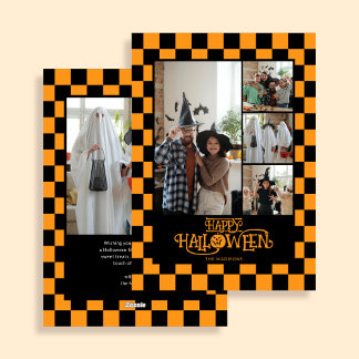 Orange and Black Checkered 5 Photo Halloween Feiertagskarte