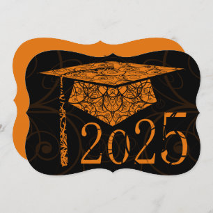 Orange and Black Floral Cap 2025 Graduation Party Einladung