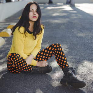Orange and Black Polka Dots Pattern Halloween Leggings