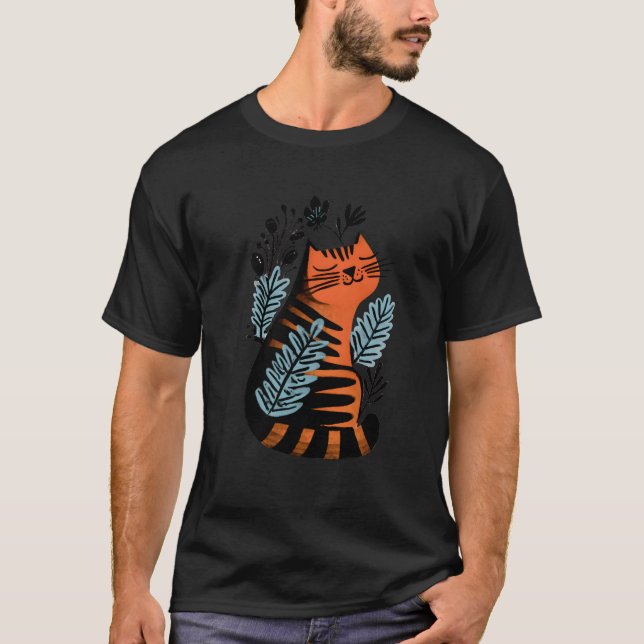 Orange and Black Striped Cat with Floral Design T-Shirt (Vorderseite)